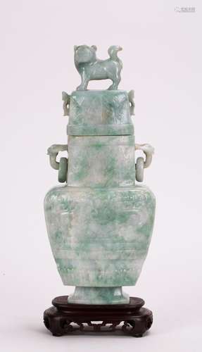 QING DYNASTY JADEITE COVER VASE WITH TWIN EARS