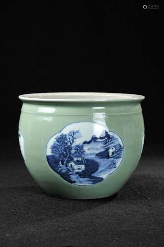 CHINESE CELADON BLUE AND WHITE PORCELAIN WATER COU