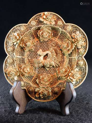 CHINESE GILT SILVER WIRE FLOWER PLATE