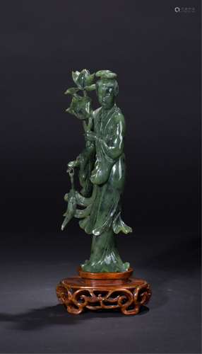 CHINESE SPINACH JADE CARVED FIGURE OF LADY