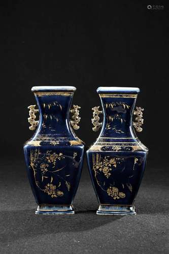 PAIR OF CHINESE GILT BLUE GLAZED PORCELAIN VASE