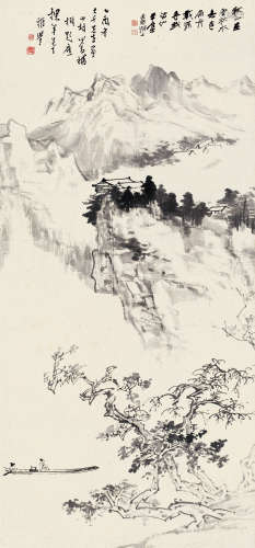 张大千溥儒 1945年作 山水 立轴 纸本