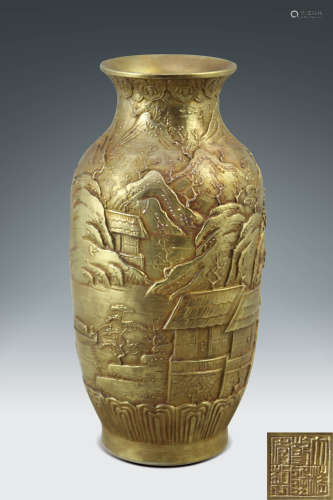 清末·雕瓷堆金山水紋瓶
