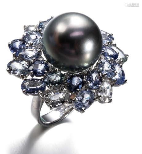 大溪地黑珍珠鑲鑽石藍寶石戒指