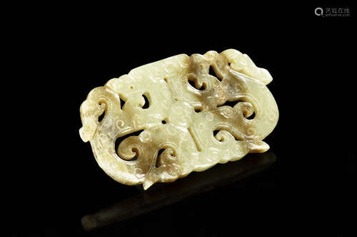 HETIAN CELADON WHITE JADE CARVED 'DRAGON & PHOENIX' PENDANT