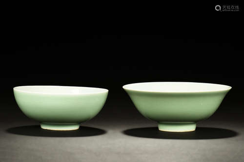 TWO MONOCHROME GREEN GLAZED BOWLS