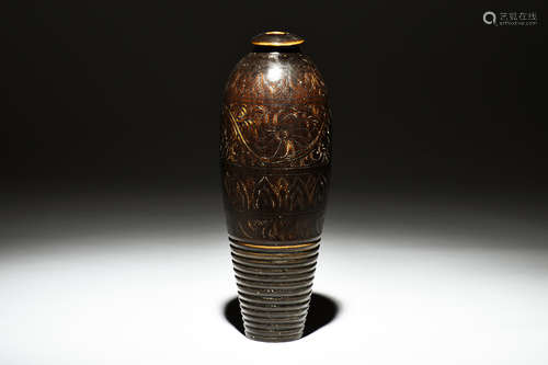 BLACK GLAZED 'FLOWERS' BOTTLE VASE