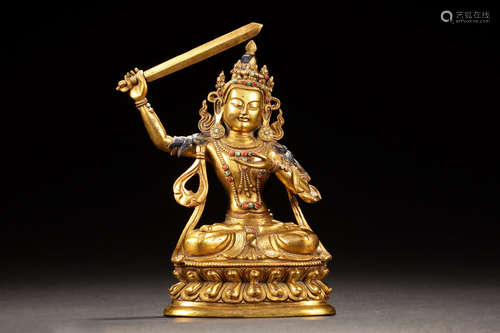 GILT BRONZE SEATED MANJUSRI FIGURE