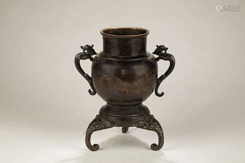 BRONZE TRIPOD 'SCENERY' CENSER WITH HANDLES