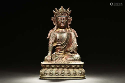 BRONZE CASE SEATED GUANYIN FIGURE