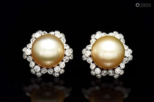 GOLDEN SOUTH SEA PEARLS SET IN 14K WHITE GOLD DIAMOND EARRINGS