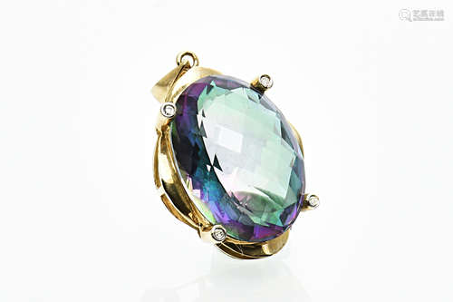 14K GOLD PENDANT WITH MYSTIC TOPAZ AND 4 BEZEL SET DIAMONDS