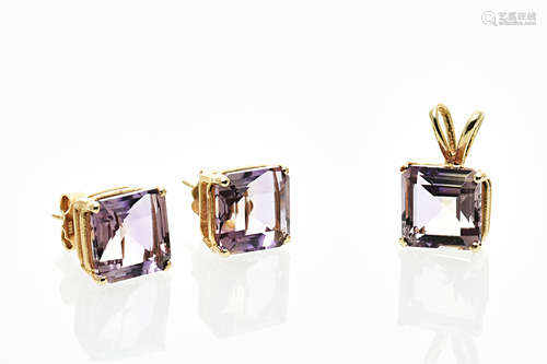 14K GOLD PRINCESS CUT AMETRINE PENDANT & EARRINGS SET