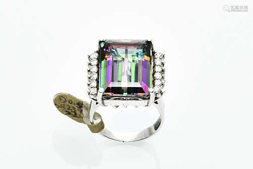 14K WHITE GOLD EMERALD CUT MYSTIC TOPAZ RING WITH DIAMONDS