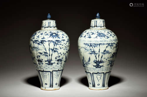 PAIR OF BLUE AND WHITE VASES WITH COVER, MEIPING