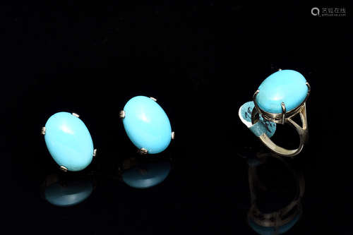 14K WHITE GOLD CABOCHON CUT NATURAL TURQUOISE RING & EARRINGS SET,
FROM ARIZONA