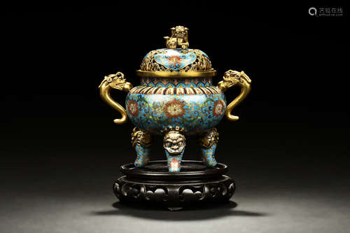 CLOISONNE ENAMELED 'MYTHICAL BEASTS' TRIPOD CENSER