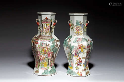 PAIR OF FAMILLE ROSE HEXAGONAL VASES