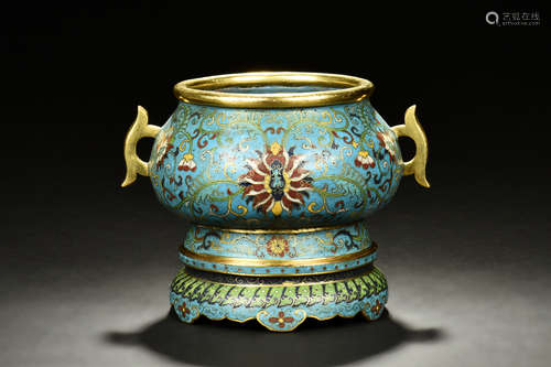 A GILT BRONZE CLOISONNE ENAMEL CENSER AND STAND