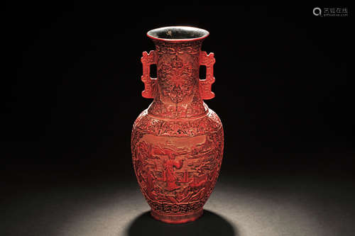 CINNABAR LACQUER CARVED VASE WITH HANDLES