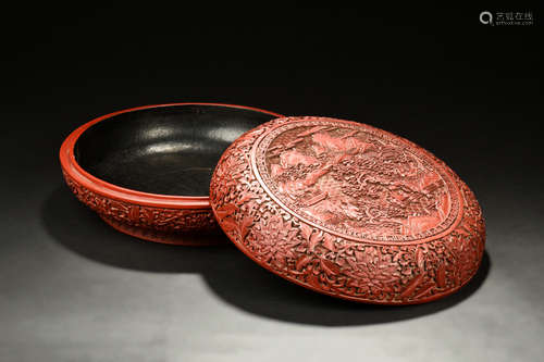 CINNABAR LACQUER CARVED BOX WITH COVER