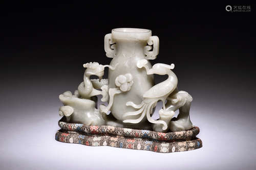 WHITE JADE CARVED 'DRAGON AND PHOENIX' FLOWER VASE