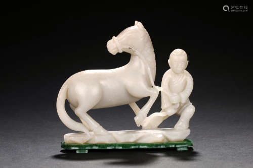 WHITE JADE CARVED 'HORSE AND CHILD' FIGURE