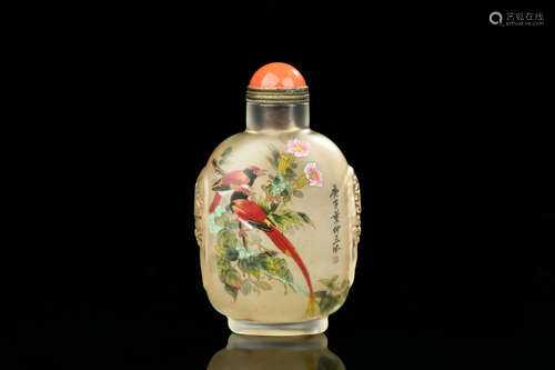 INSIDE PAINTED 'BIRDS' GLASS SNUFF BOTTLE