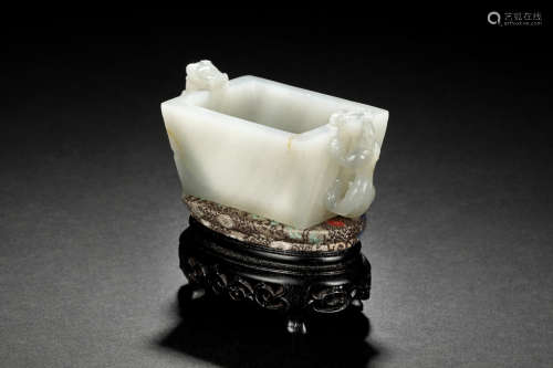 JADE CARVED CHILONG CUP WITH WOODEN STAND