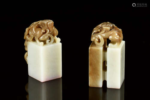 TWO JADE CARVED 'CHILONG' SEAL STAMPS