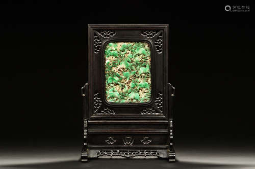 JADE CARVED 'HORSES' PLAQUE INSET TABLE SCREEN