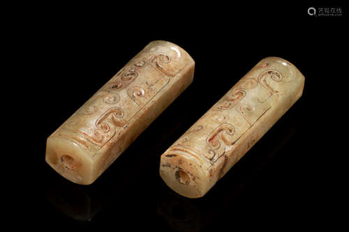 PAIR OF ARCHAIC JADE CARVED RITUAL TUBES