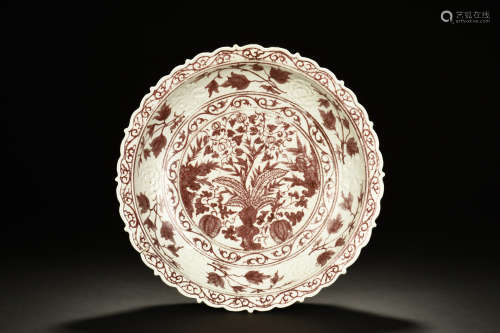 UNDERGLAZED RED 'FLOWERS' DISH