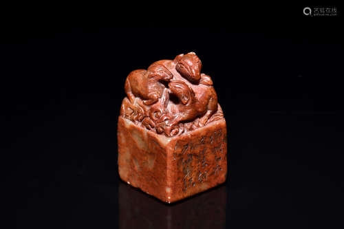 SHOUSHAN SOAPSTONE CARVED 'THREE RAMS' SEAL