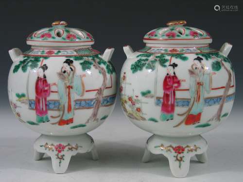 Pair of Chinese Famille Rose Porcelain Jars with Covers