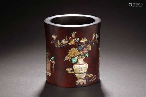 APPLIQUE INLAID ZITAN WOOD BRUSH POT