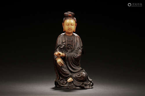 HARDWOOD AND SHOUSHAN SOAPSTONE GUANYIN CARVING