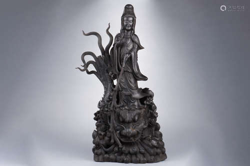 LARGE ZITAN WOOD CARVED GUANYIN FIGURAL GROUP