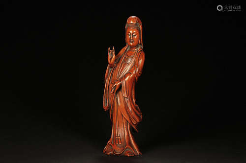 HUANGYANGMU WOOD CARVED GUANYIN FIGURE