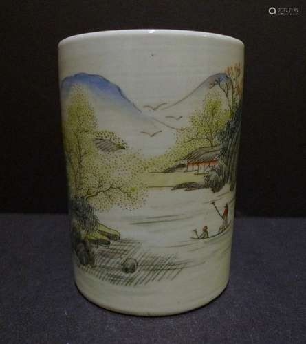 ANTIQUE CHINESE FAMILLE VERTE PORCELAIN BRUSH POT REPUBLIC PERIOD