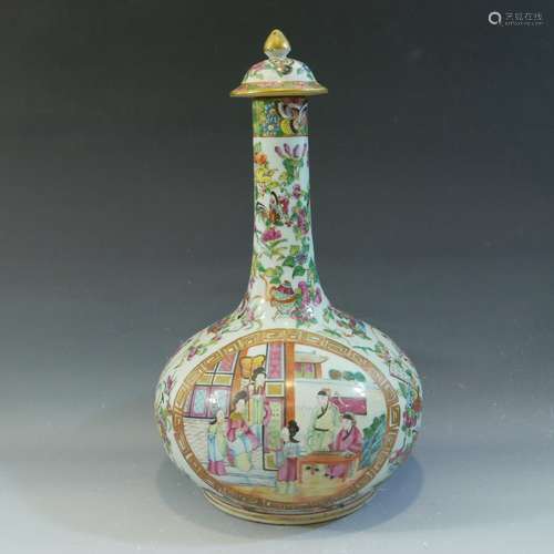 ANTIQUE CHINESE ROSE MEDALLION PORCELAIN BOTTLE VASE 19TH CENTURY