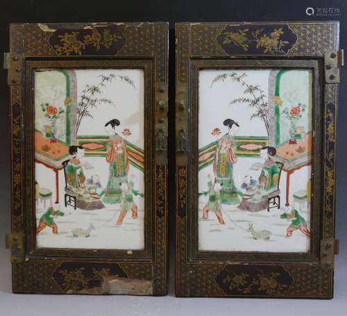 PAIR ANTIQUE CHINESE FAMILLE VERTE PORCELAIN PLAQUE - 18TH CENTURY