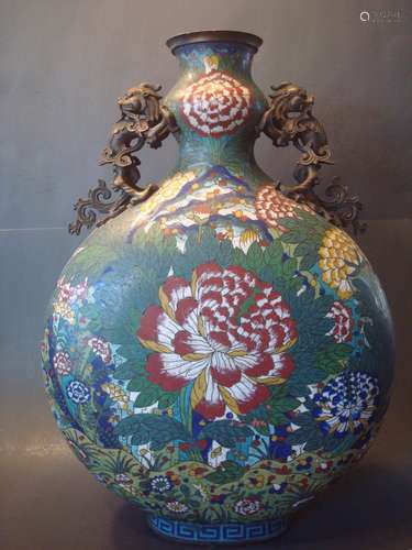 ANTIQUE Large Chinese Cloisonne Moon Flask Vase, 20 1/2