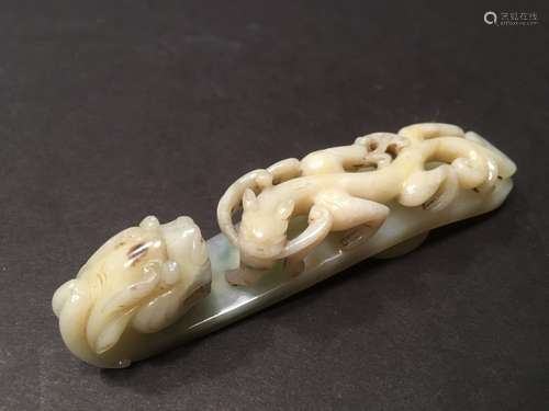 ANTIQUE Large Chinese Feicui Jade dragon hook with carvings, 18th-19th Century, 4 1/2