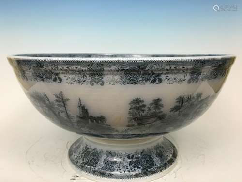 ANTIQUE German Huge Punch Bowl with Blue and White paintings, 19th Century. 19 1/2