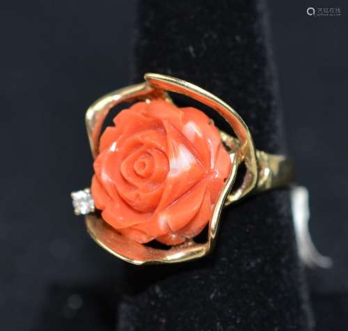 14 K Coral Carved Flower Ring with Diamond