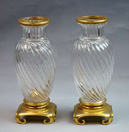 Pr. of French Bronze & Crystal Vase Baccarat
