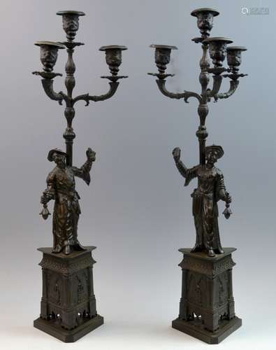 Pr. French Bronze Candelabra w/ Chinese Figures