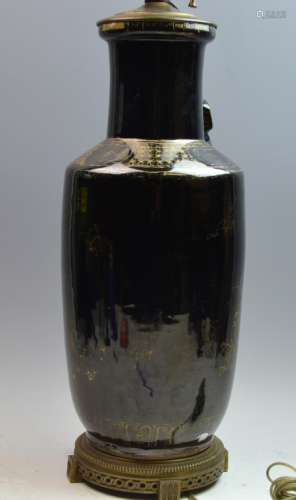 Chinese Black Ground Gold Gilt Porcelain Vase Lamp