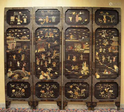 4 Chinese Jade & Hard Stone Inlaid Screen Panel